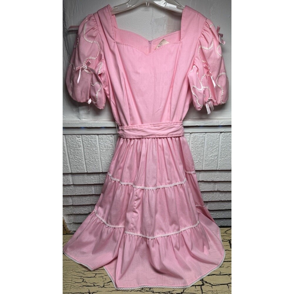 VTG Square Dance Dress Co Size 12 Pink Embroidered Sheer Mesh Overlay Ruffle
